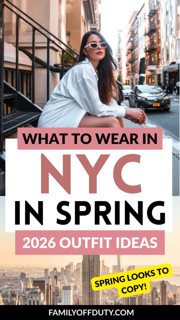 Stylish woman in NYC wearing sunglasses and an oversized shirt, sharing spring outfit ideas for 2026.