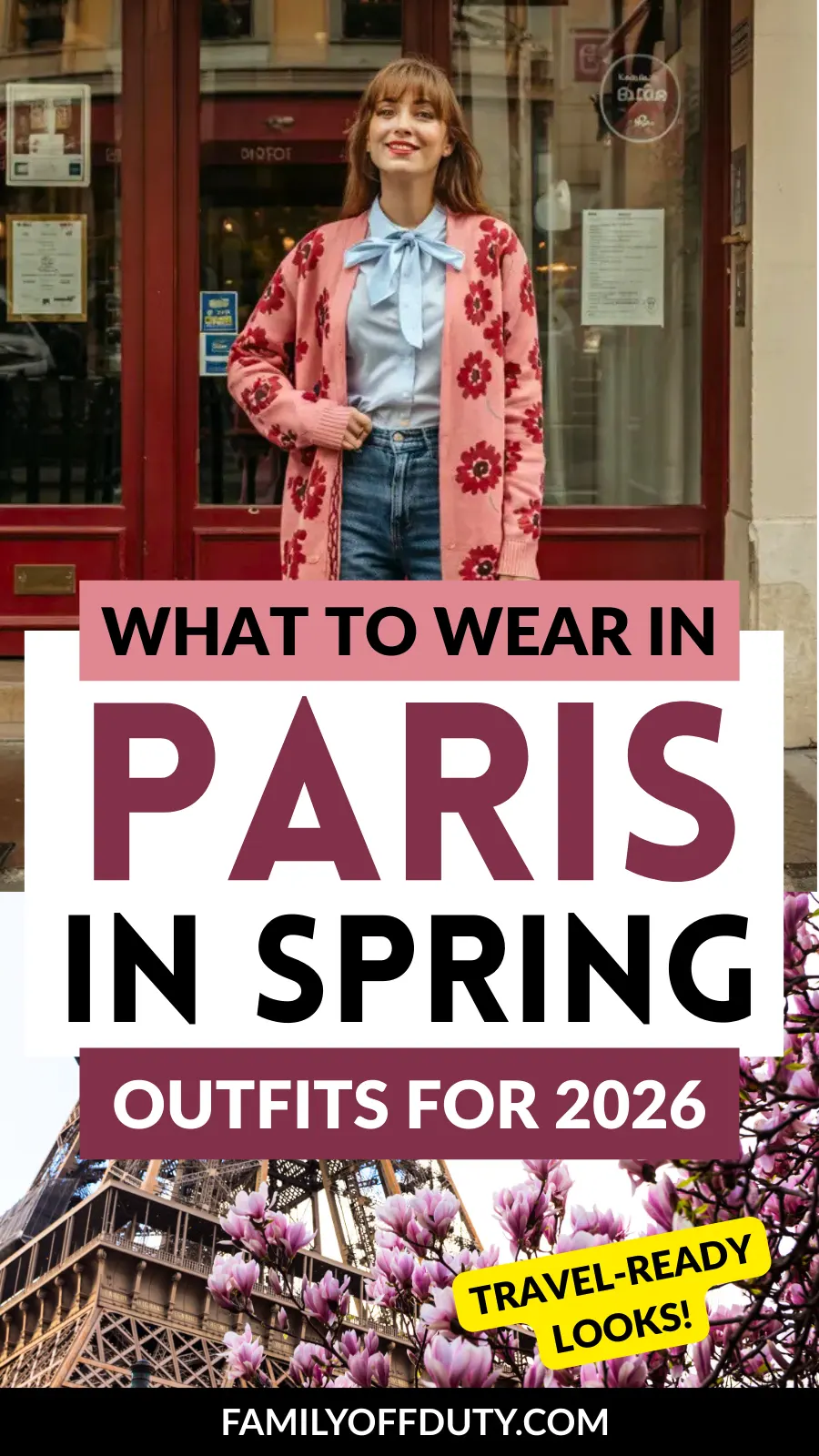 A stylish woman in spring attire stands outside a Parisian café, promoting outfit ideas for travel in 2026.
