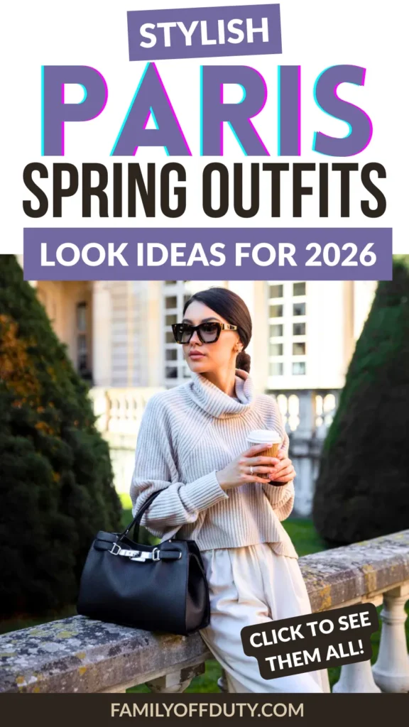 Stylish woman in Paris wearing a cozy sweater and chic accessories, showcasing spring outfit ideas for 2026.