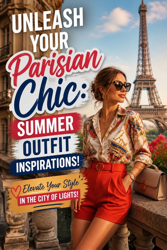 Parisian chic fashion: stylish woman by the Eiffel Tower with summer outfit inspiration text overlay.