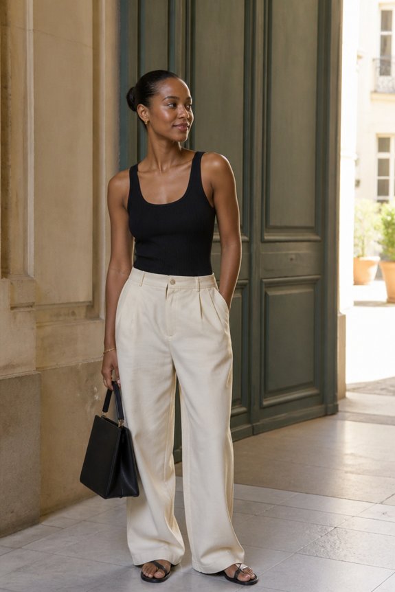 Stylish woman in a black tank top and cream wide-leg pants, carrying a black handbag and wearing sandals by a doorway.