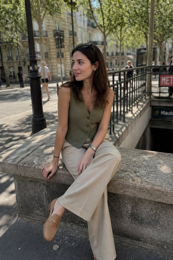 Stylish woman sits on a stone ledge in a city street, wearing an olive vest, beige wide-leg pants, and tan loafers.
