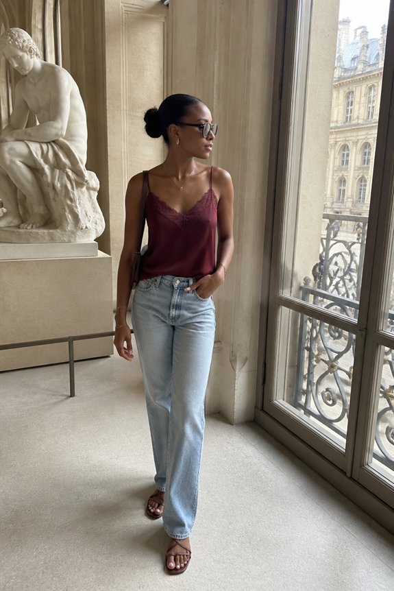 Woman in burgundy lace camisole, light-wash jeans, and sandals with sunglasses, posing by a museum window beside a statue.