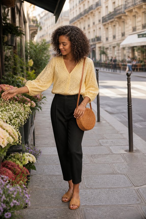 Woman in yellow blouse, black trousers, and wicker crossbody bag walking past a flower shop on a Parisian street.