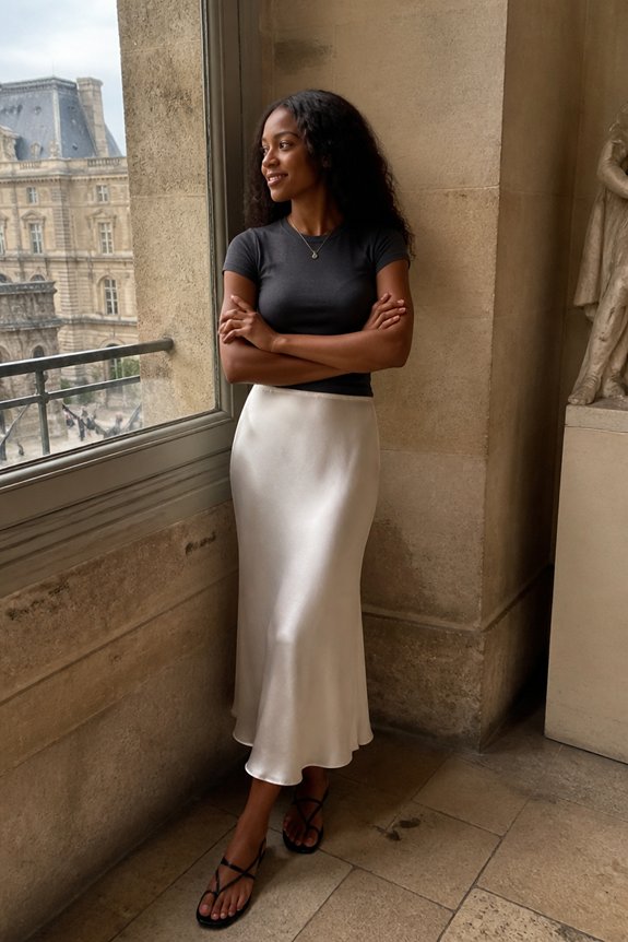 Woman in a black top and white satin maxi skirt stands with folded arms by a window in a historic stone building.