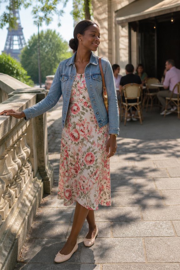 Woman in a floral dress and denim jacket walks beside a Paris cafe terrace with the Eiffel Tower in the distance.