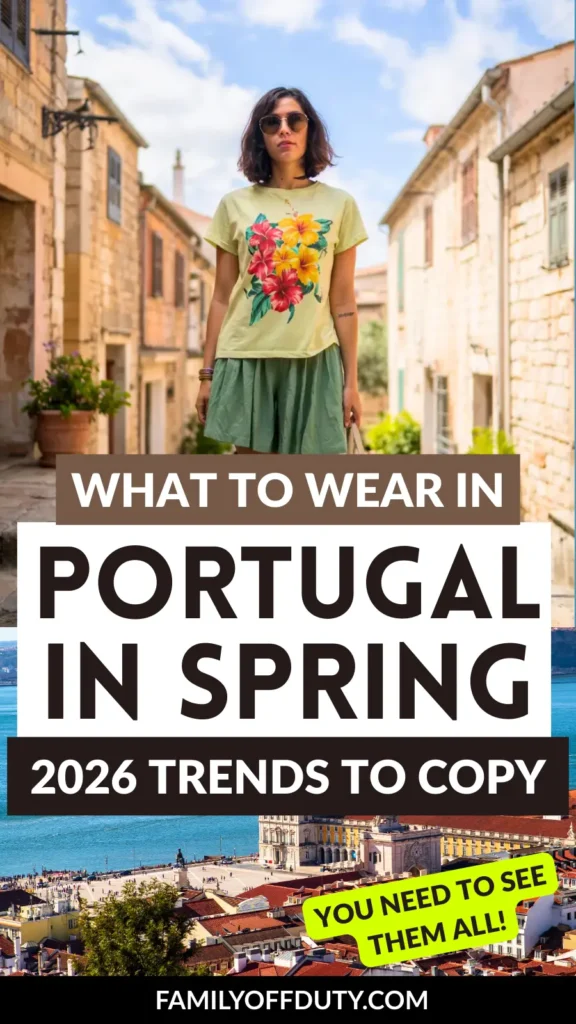 Woman in a floral tee and skirt standing in a picturesque Portuguese street, showcasing spring fashion trends for 2026.