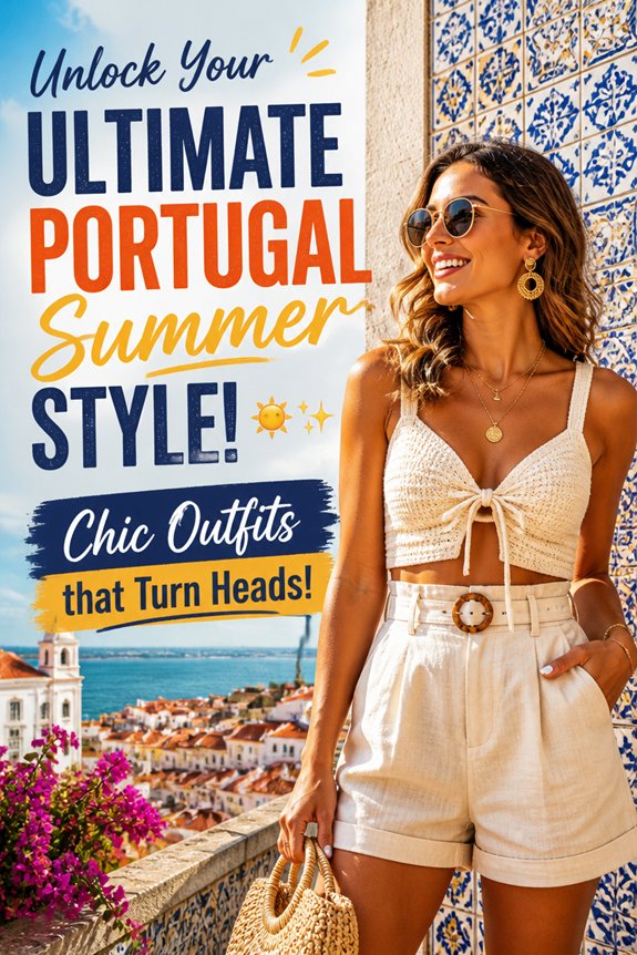 Stylish woman in cream summer outfit with straw bag and sunglasses against a tiled wall in Portugal with sea view.