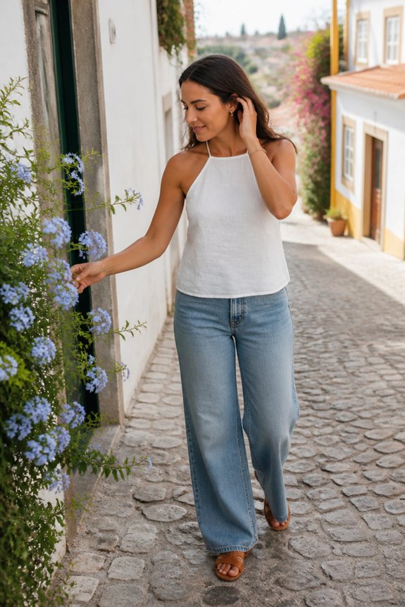 Woman in a white halter top and wide-leg jeans strolling a cobblestone street in a sunny Mediterranean town.