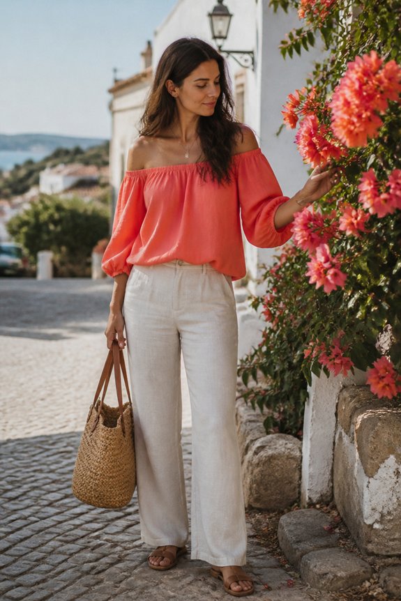 Woman in coral off-shoulder top and white wide-leg pants walks beside pink flowers, carrying straw tote.