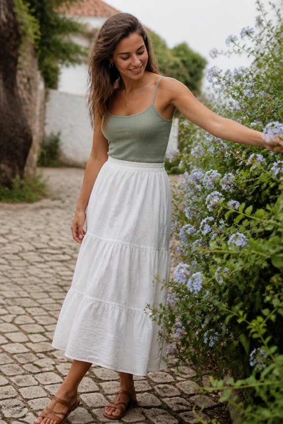 Woman in sage green tank top and white tiered midi skirt with brown sandals walking along a cobblestone path beside flowers.