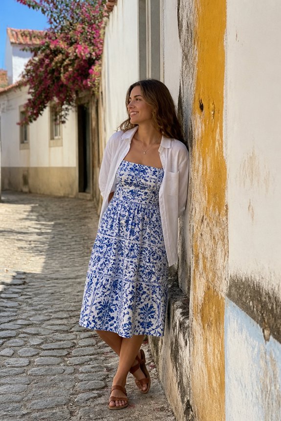 Woman in blue floral midi dress with white cardigan leaning against sunlit wall on a cobblestone street.