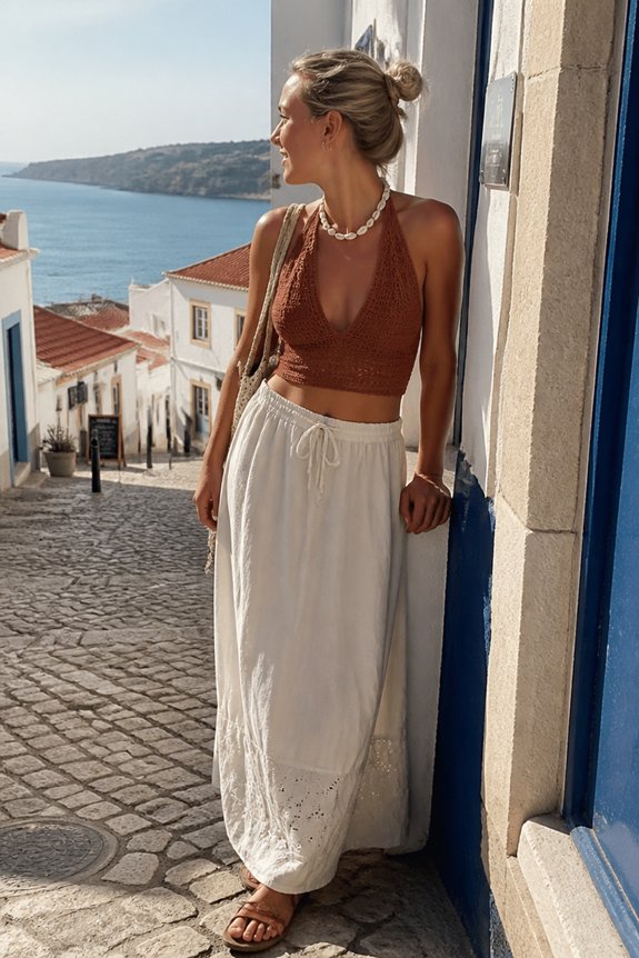 Woman wearing a brown crochet halter top and white flowy skirt leaning against a blue doorway in a sunny seaside town.