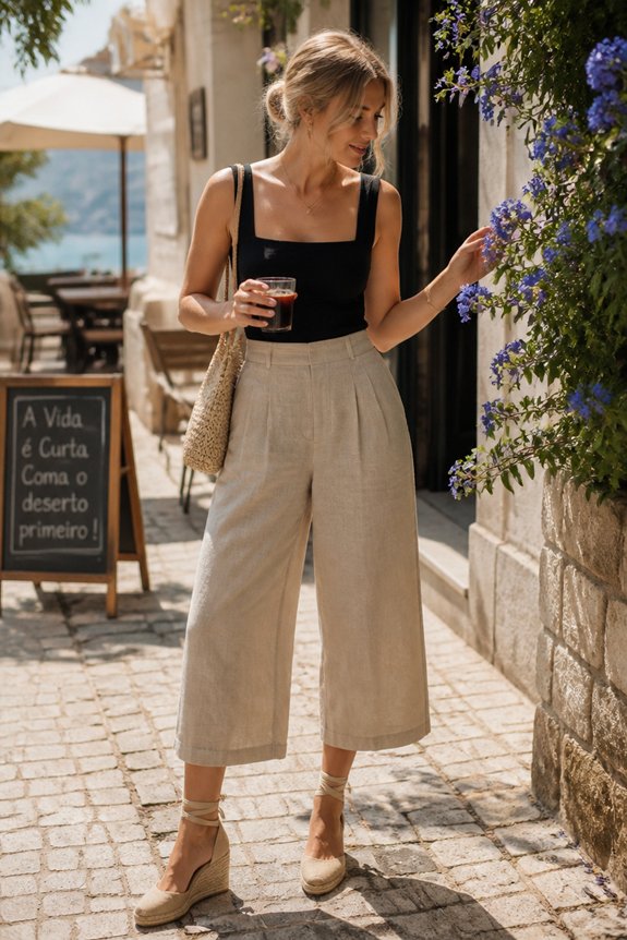 Fashionable woman in a black top and beige wide-leg pants, holding a drink, admiring purple flowers on a cobblestone street.