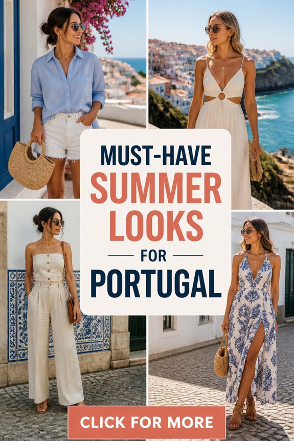 Collage of four women in chic summer outfits in Portugal with coastal town backdrops; banner reads Must-Have Summer Looks.