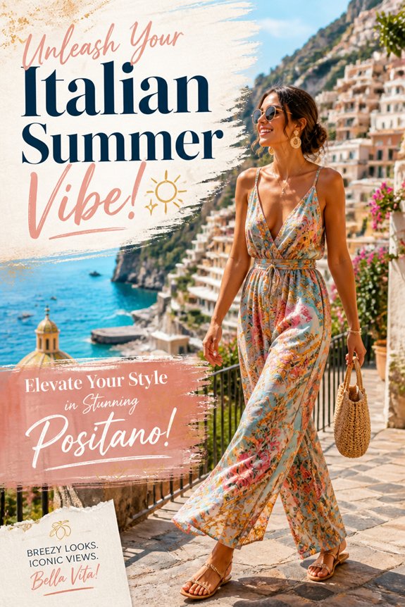 Woman in a floral maxi dress strolling Positano coast, blue sea and cliffside village, capturing Italian summer vibes.