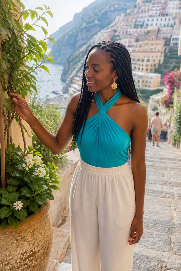 Woman in turquoise halter top and white pants stands on a stone stairway in Positano, Italy, admiring vines.