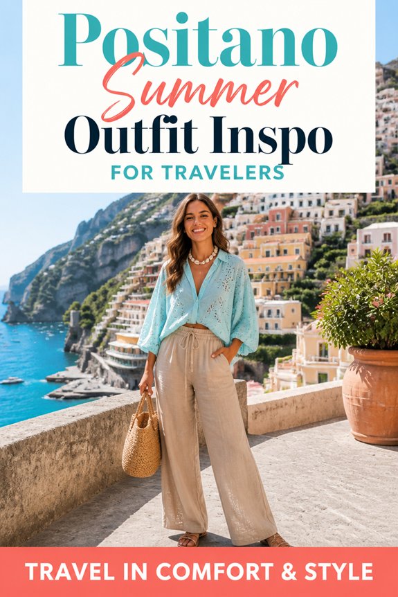 Positano summer outfit inspo for travelers: woman in aqua blouse and beige wide-leg pants by the coast.