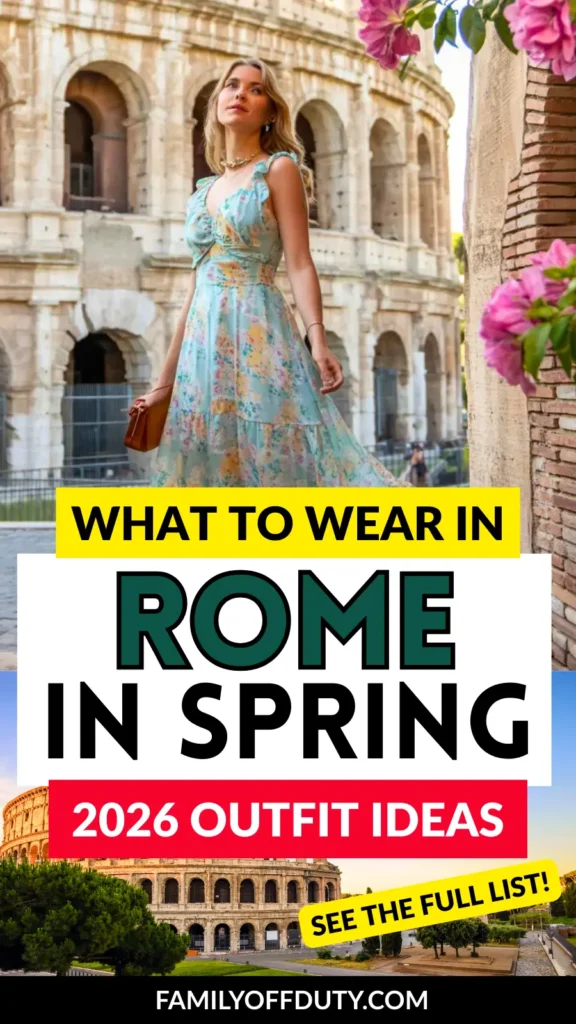Woman in a floral dress near the Colosseum, showcasing spring outfit ideas for Rome in 2026.