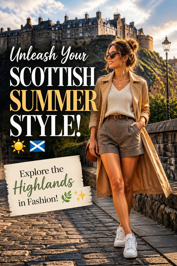 Stylish woman in a tan trench coat and shorts on Scottish Highlands cobblestones with a castle backdrop.
