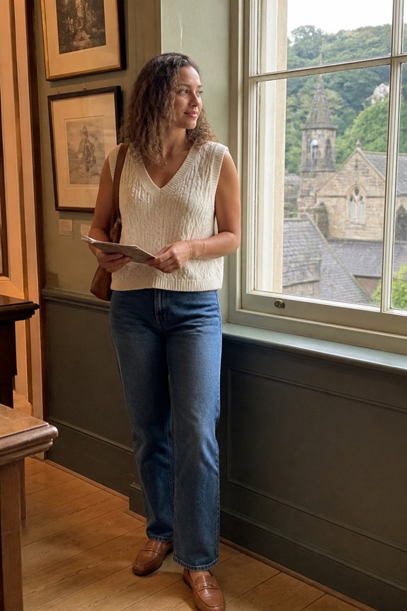 Woman in white knit vest and blue jeans stands by a window in a museum, holding a brochure, overlooking a church and hills.