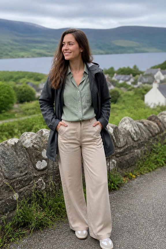 Smiling woman in a green blouse, beige wide-leg pants, and black jacket standing on a stone wall by a lake and hills.