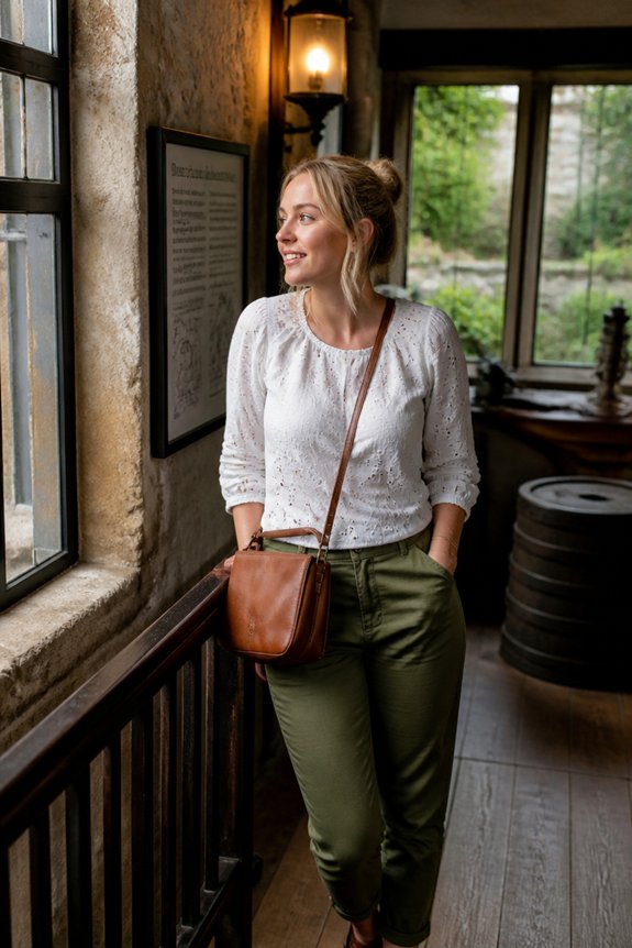 Woman in white top and olive pants with brown crossbody bag by a window in a rustic interior.