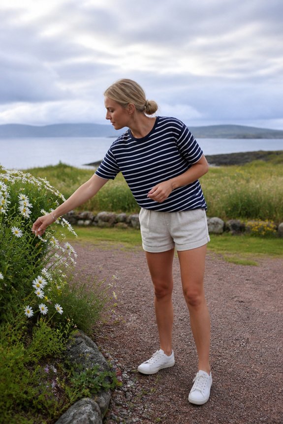 Woman in navy striped shirt and white shorts picking daisies along a seaside garden path.