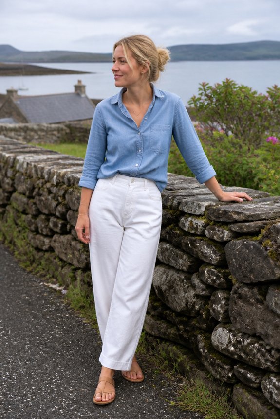 Woman in light blue shirt and white pants leaning on a stone wall by a coastal lake.