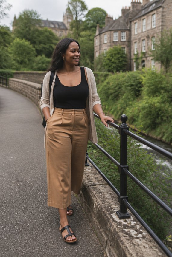 Woman in black top and tan pants walks along a riverside path beside a stone bridge and historic city buildings.