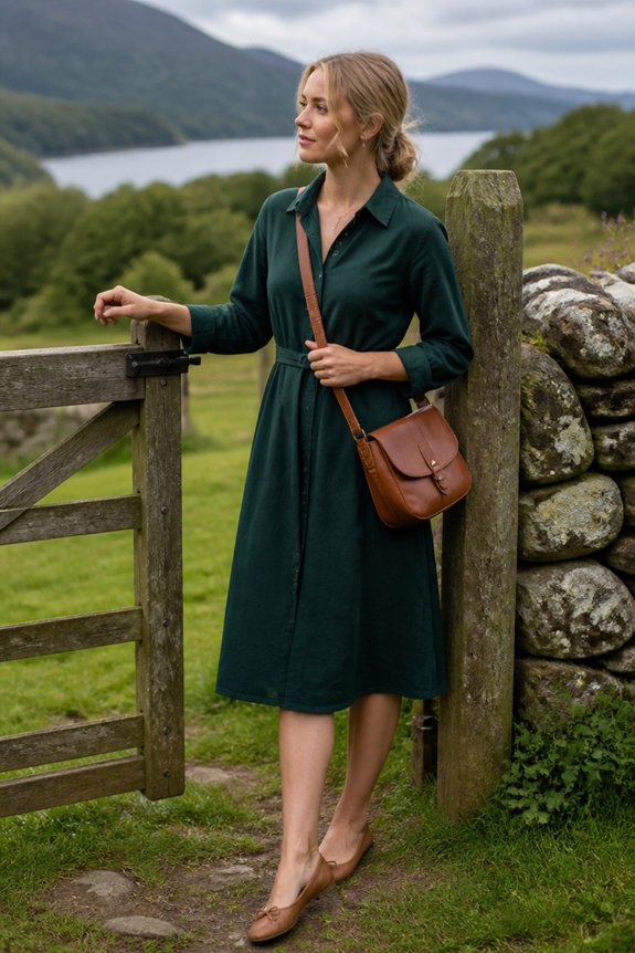 Woman in a green belted dress with a brown crossbody bag at a rural gate, with lake and hills in the background.