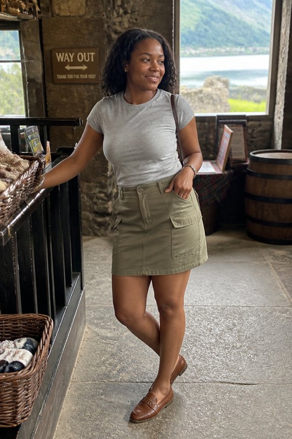 Young woman in a gray tee and khaki mini skirt leans on a railing inside a rustic building with an ocean view.