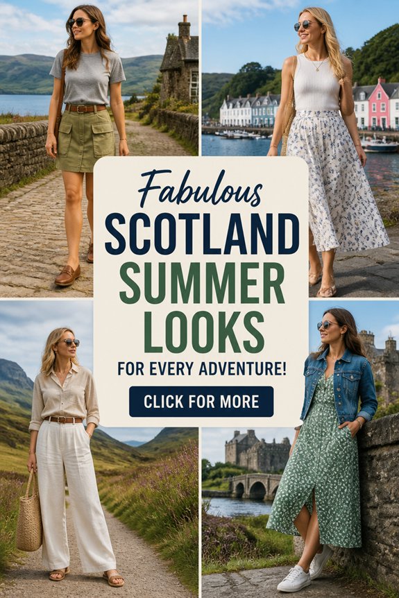 Four women modeling chic Scotland summer looks amid lochs, coastlines, and castles.