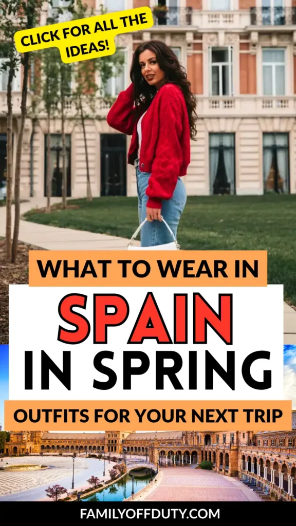 Woman in a red sweater poses outdoors for a spring travel fashion blog about outfits in Spain.