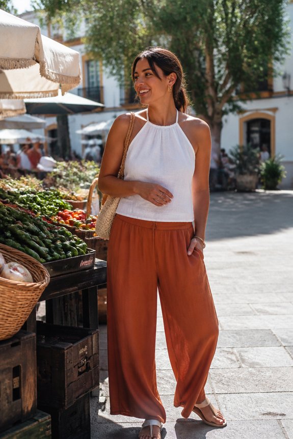 Smiling woman shopping at an outdoor market in a white halter top and rust wide-leg pants, carrying a straw bag.