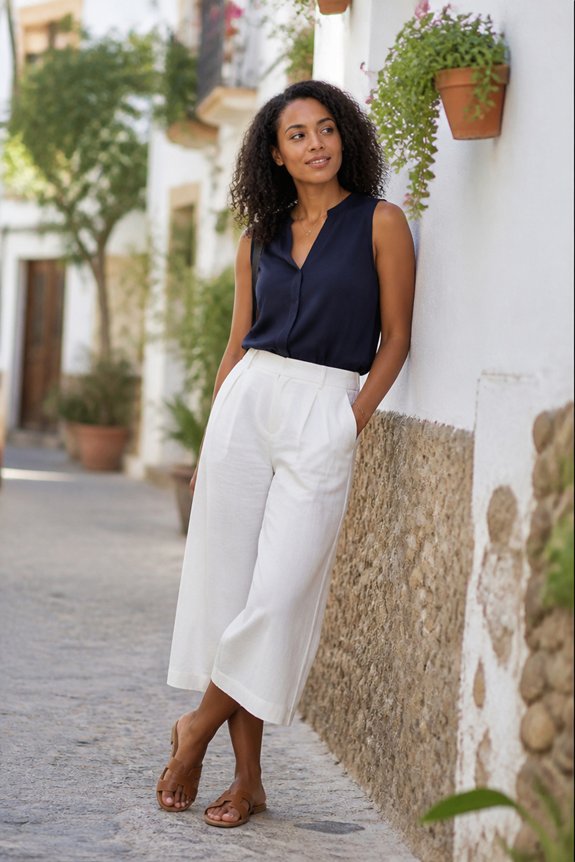 Stylish woman in navy sleeveless top and white wide-leg pants on a sunlit Mediterranean street.