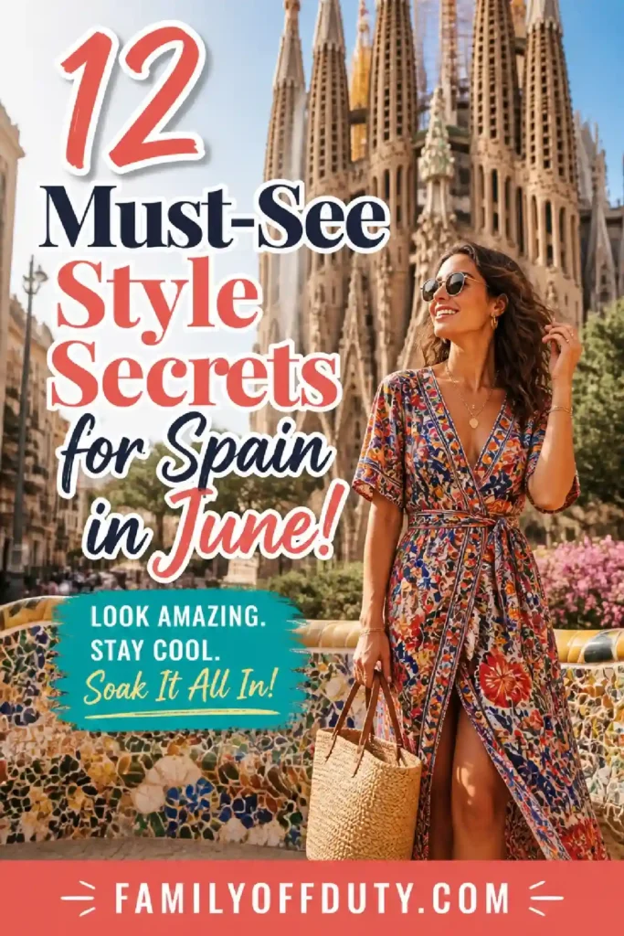 Stylish woman in a floral dress at a scenic location, promoting summer style secrets for Spain in June.