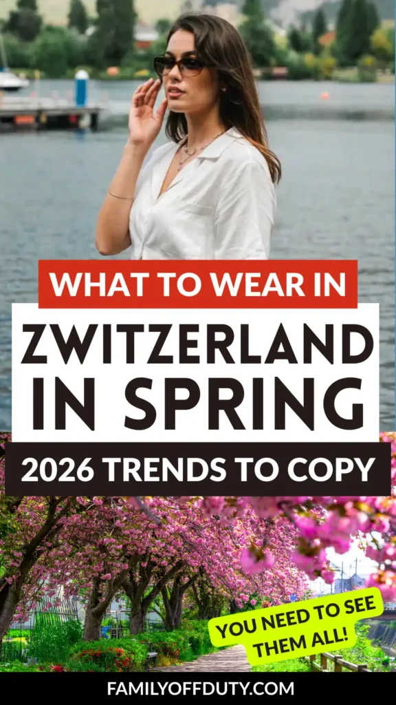 Woman by a lake in Switzerland, showcasing spring fashion trends for 2026 with cherry blossoms in the background.