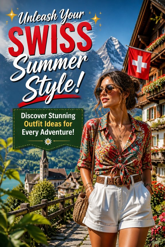 Woman in colorful top and white shorts with sunglasses in alpine Swiss village; promotes Swiss summer style and outfit ideas.