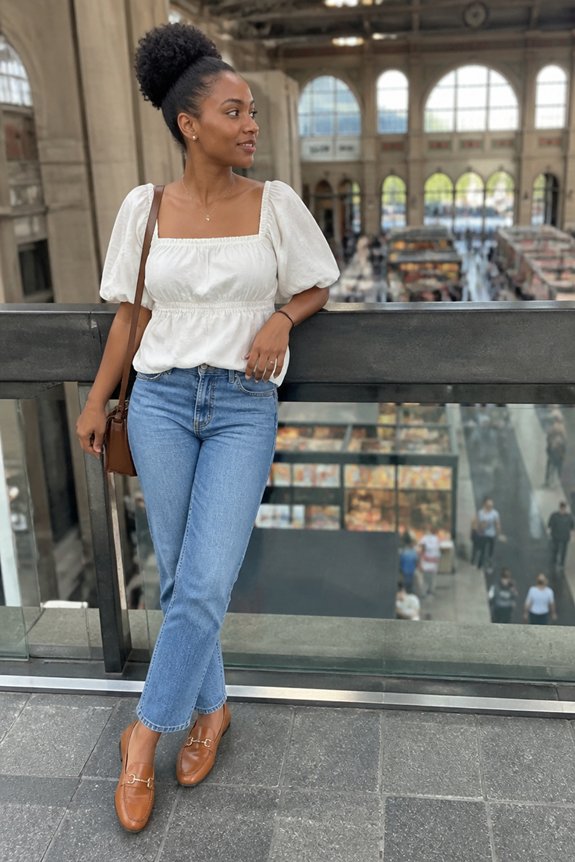 Stylish woman in white puff-sleeve top and blue jeans, brown loafers, posing by glass balcony in a busy indoor market.