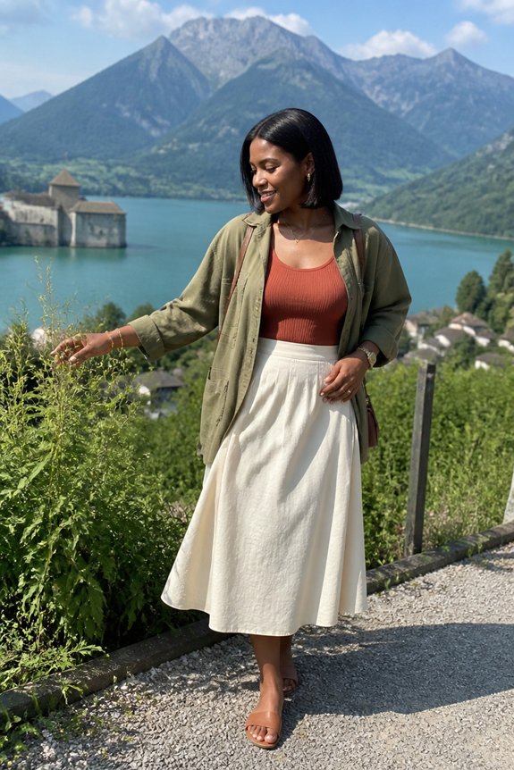 Woman standing by a lake with mountains, wearing olive jacket, rust top, and cream skirt.