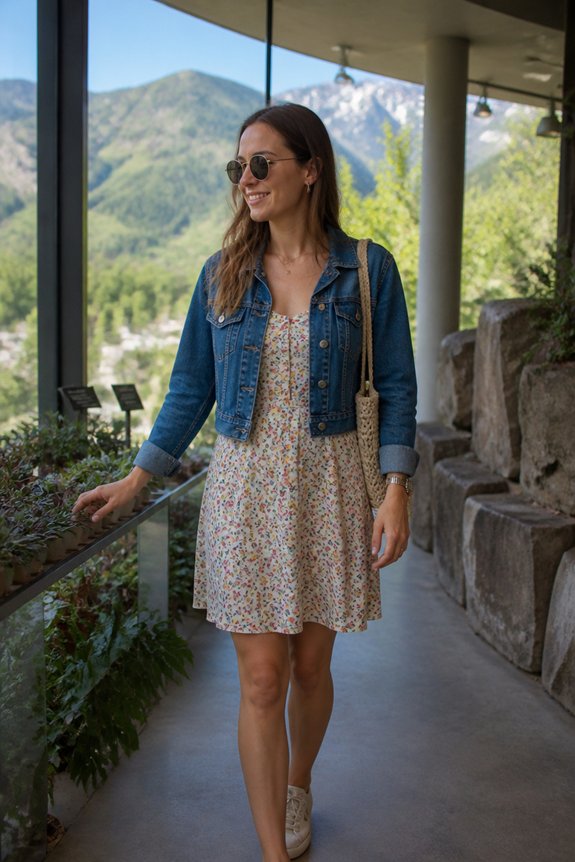 Woman in denim jacket and floral dress wearing sunglasses walks along a balcony with a mountain landscape.