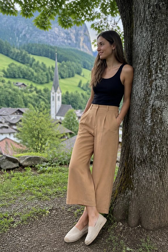 Woman in black tank top and beige wide-leg pants leaning against a tree, overlooking a village with a church steeple.