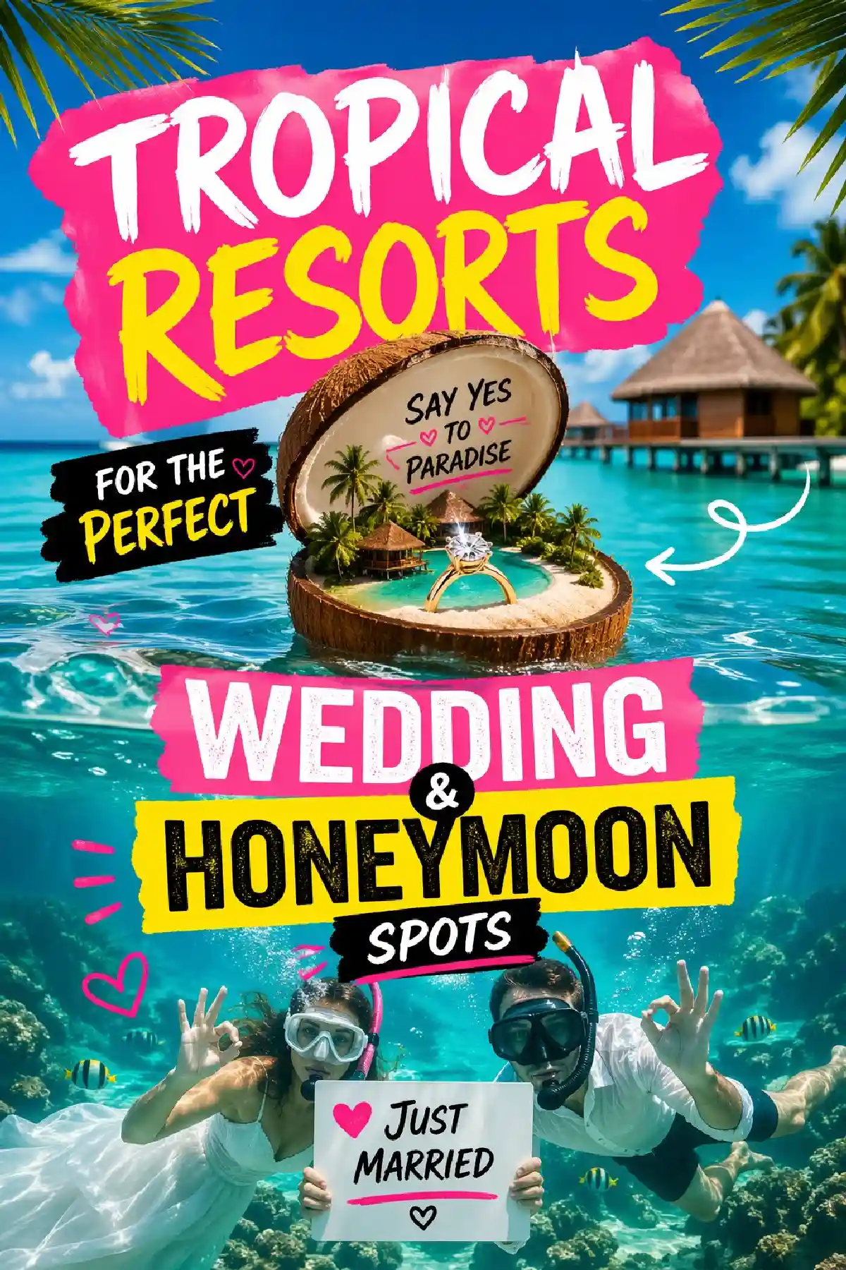 Alt text: Just married couple snorkeling in tropical waters, showcasing wedding and honeymoon resort destinations.