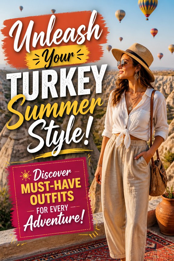 Stylish woman in a straw hat outdoors; travel-fashion promo for Turkey Summer Style and must-have outfits.