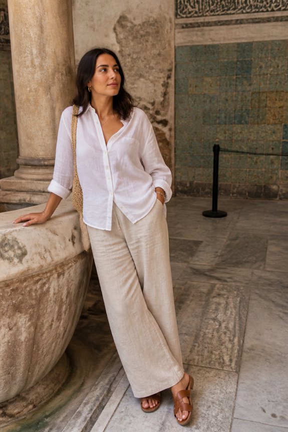 Woman in white shirt and beige wide-leg pants with woven bag, leaning against marble column in historic interior.