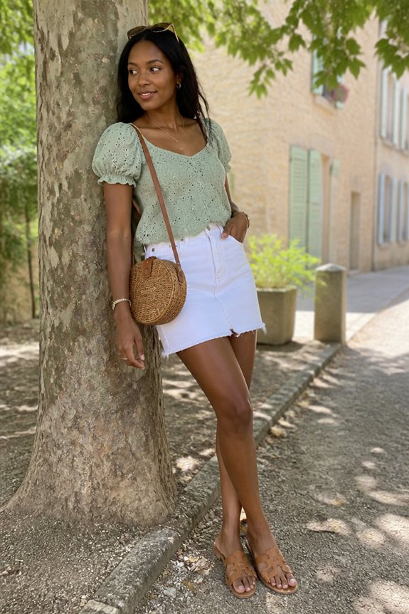 Young woman posing outdoors in a light green puff-sleeve top with white denim shorts, tan sandals, and a round straw bag.