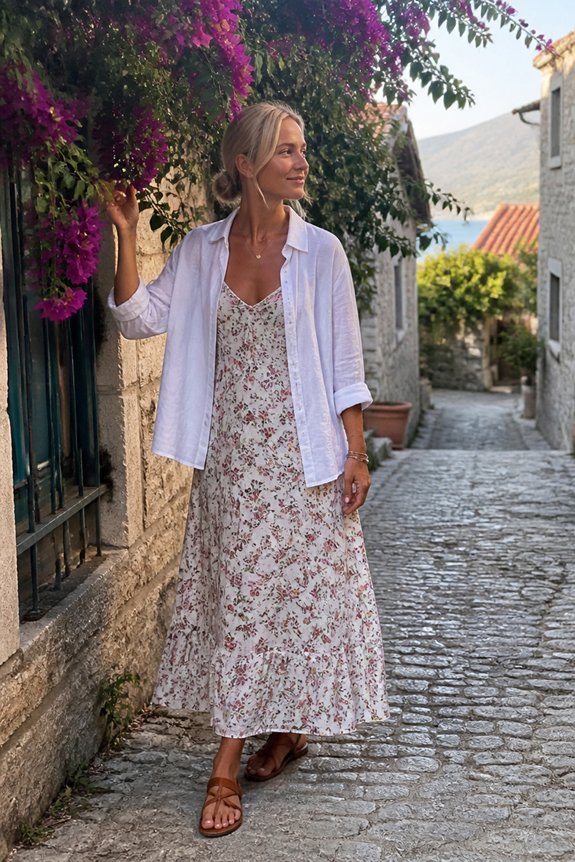 Woman in a floral maxi dress and white shirt walks under purple bougainvillea in a Mediterranean village.