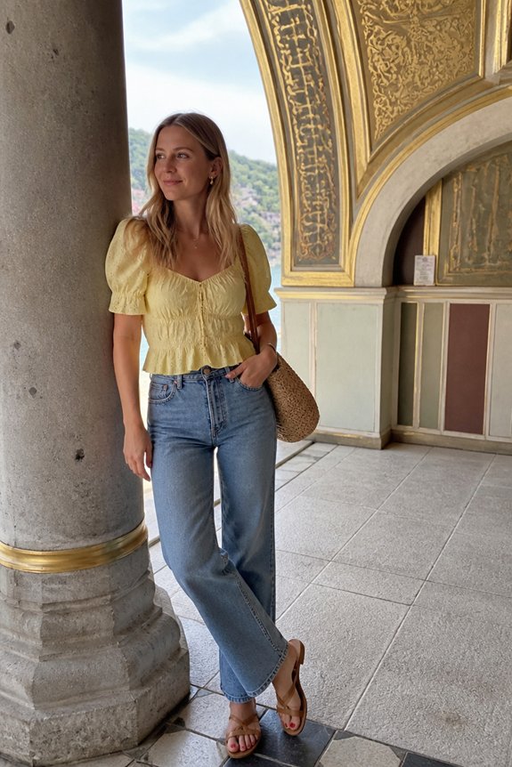 Stylish woman in a yellow puff-sleeve blouse and blue jeans stands by ornate gold-arched architecture carrying a woven bag.