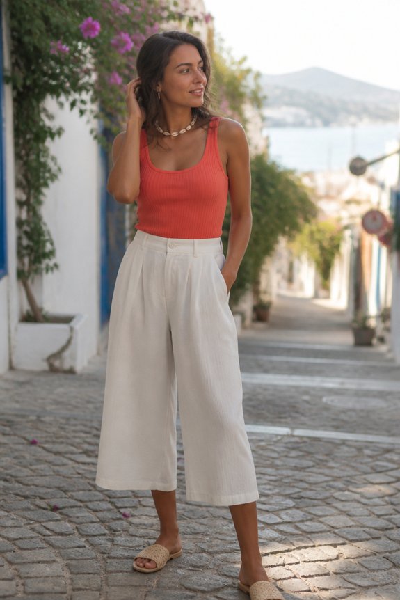 Woman in coral tank top and white wide-leg pants on a sunny coastal cobblestone street.
